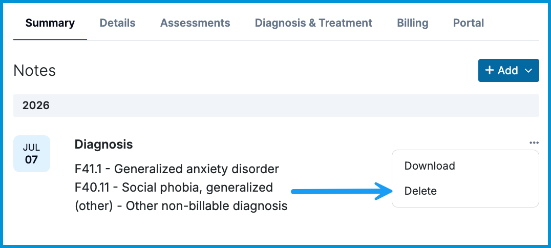 Client Summary tab showing a diagnosis entry with a menu open and an arrow pointing to the Delete option.