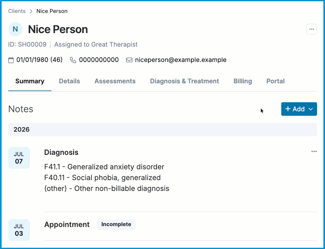 Animated GIF showing how to add a clinical note from the client summary tab.