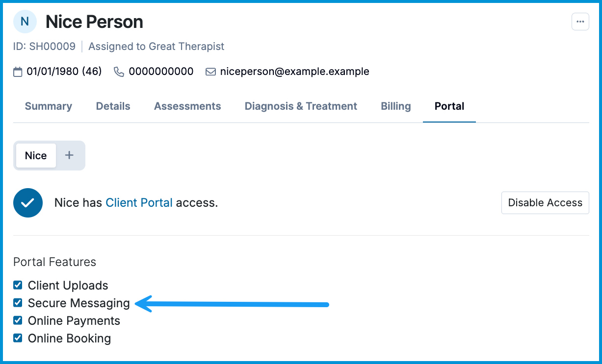 A screenshot of a client's portal settings with a blue arrow pointing to the enabled Secure Messaging checkbox under Portal Features.