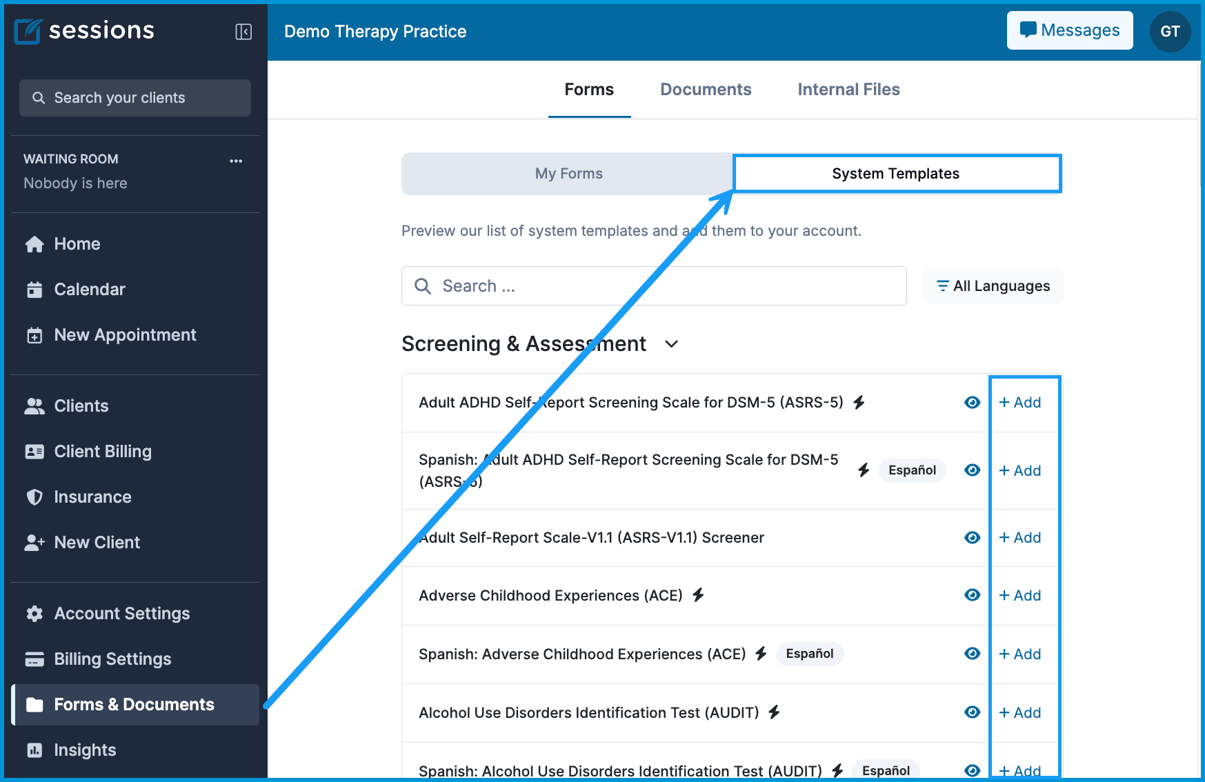 Forms & Documents section, with an arrow pointing to the System Templates tab and highlighted