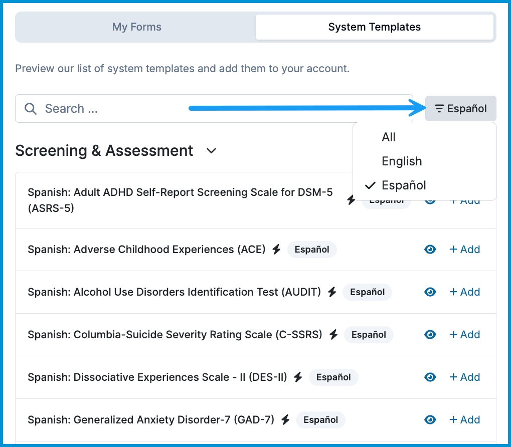 System Template page with the language filtered to Español.