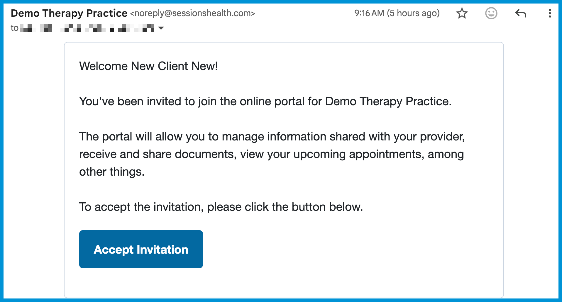 Client portal invitation email with an Accept Invitation button.