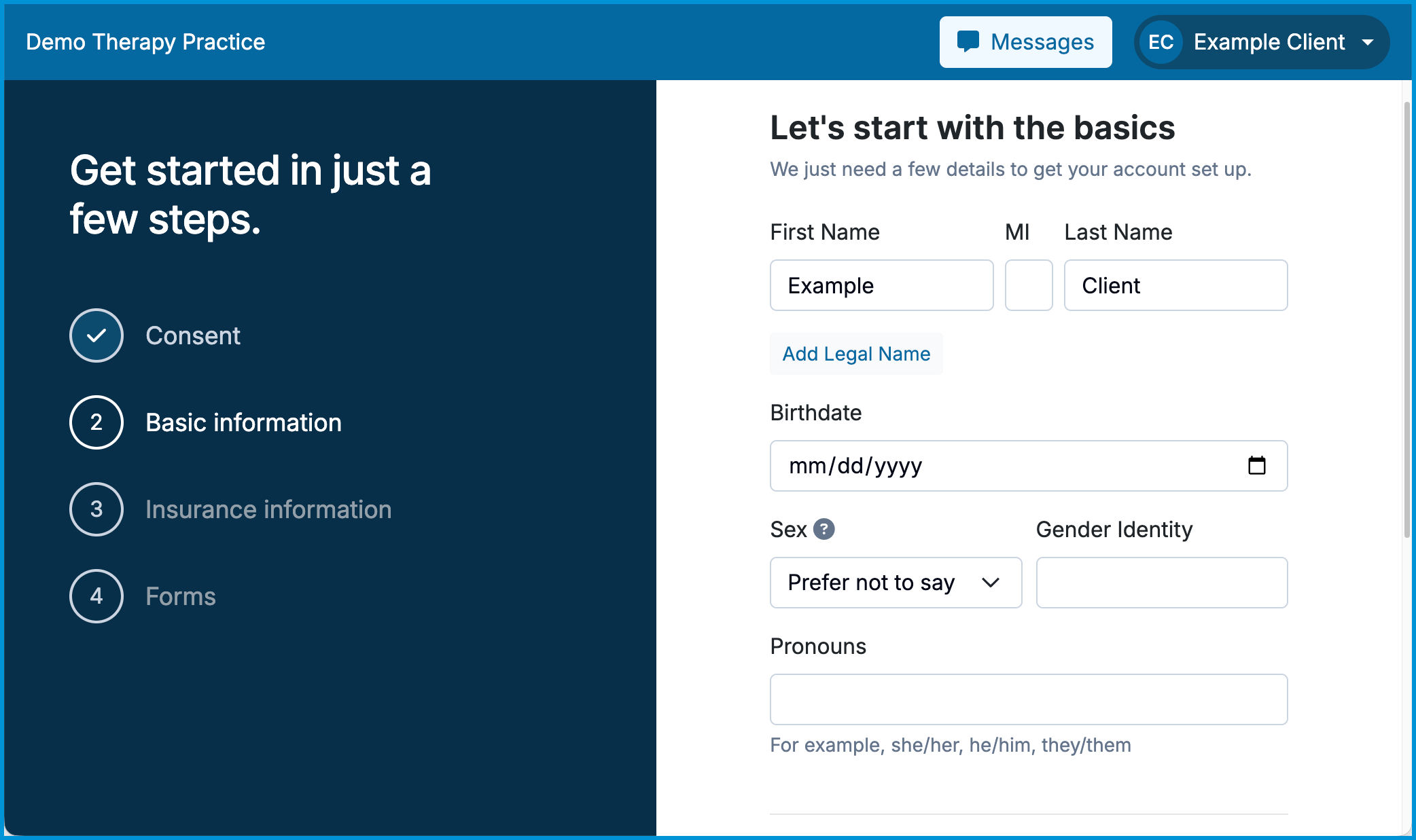 Client portal setup screen showing form fields for entering basic name details.