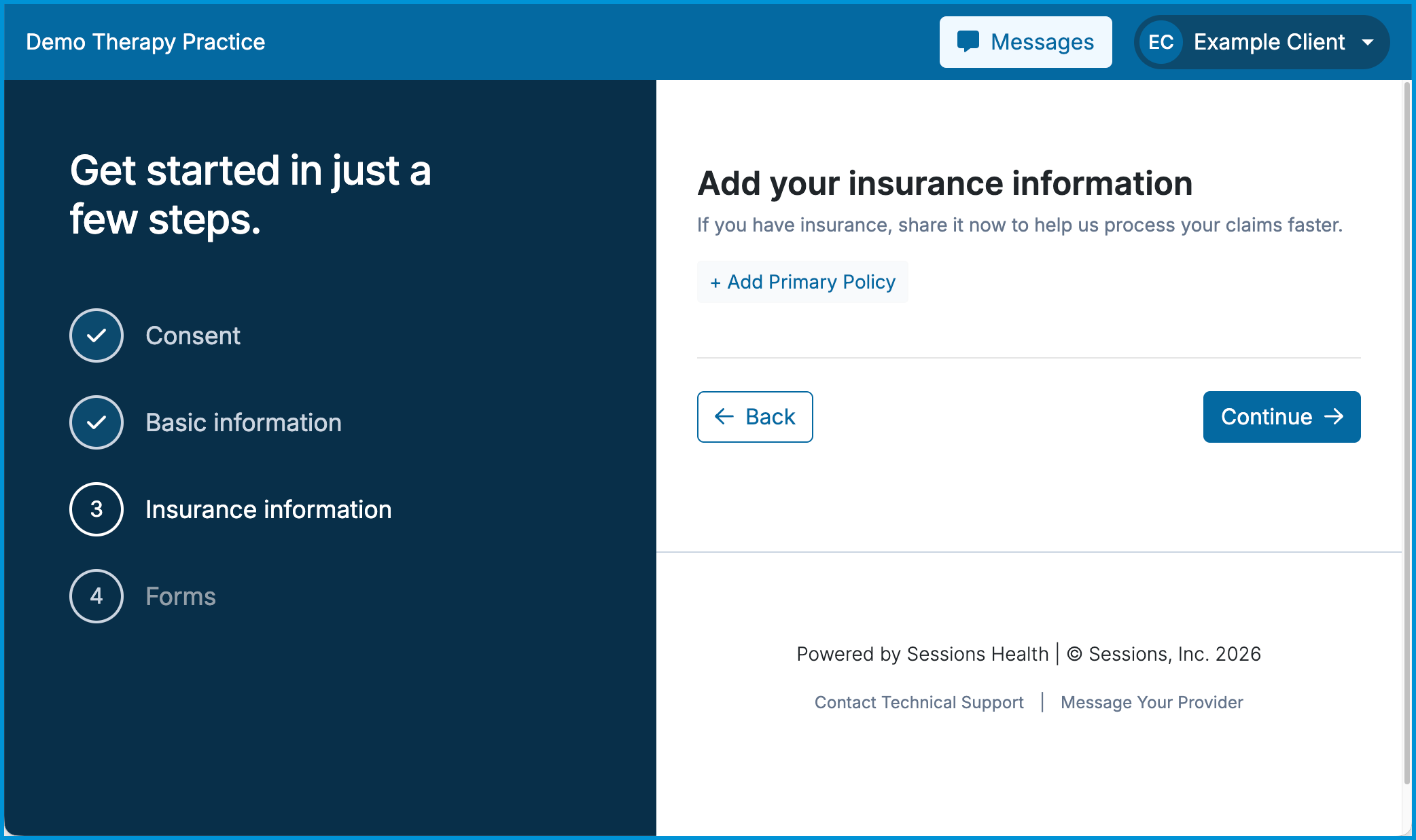 Client portal setup screen showing fields to enter primary insurance details.