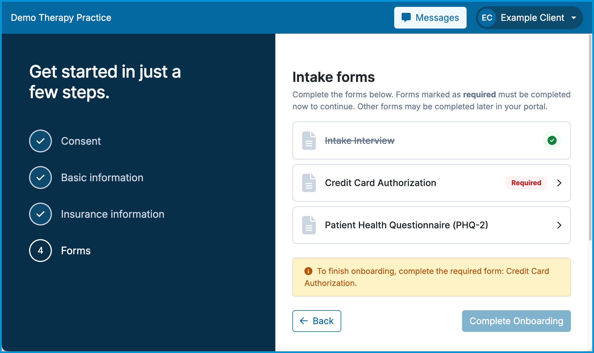 Client portal form list showing intake forms with red Required badges and a progress banner at the bottom.