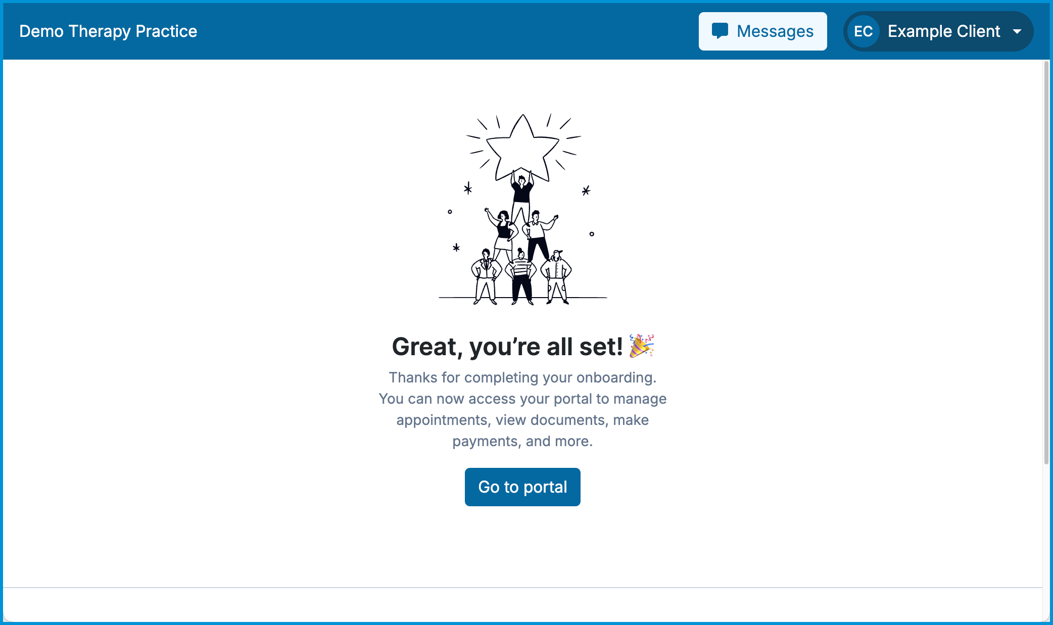 Onboarding completion screen showing a celebration graphic and a Go to Portal button.