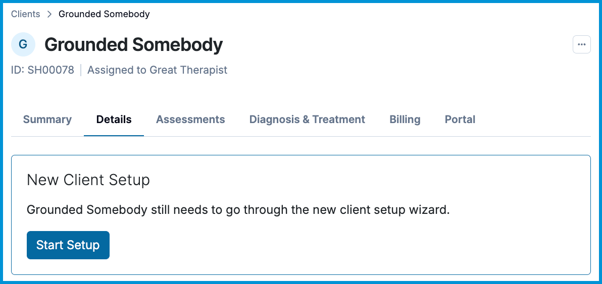 Client details tab showing the New Client Setup box with the Start Setup button.