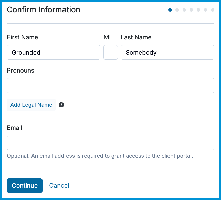 Confirm Information setup screen displaying name, pronouns, and email fields.
