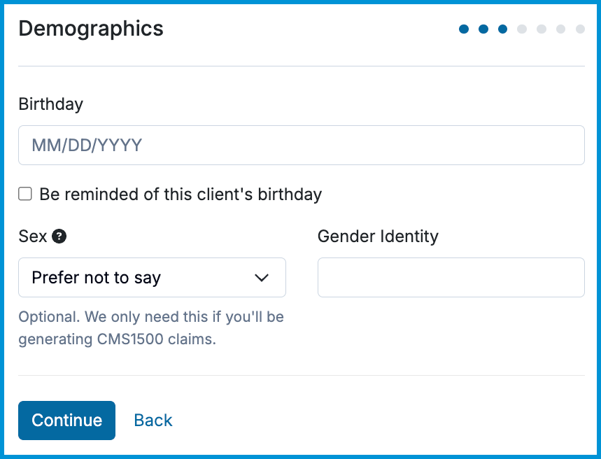 Demographics setup screen displaying birthday, sex, and gender identity fields.