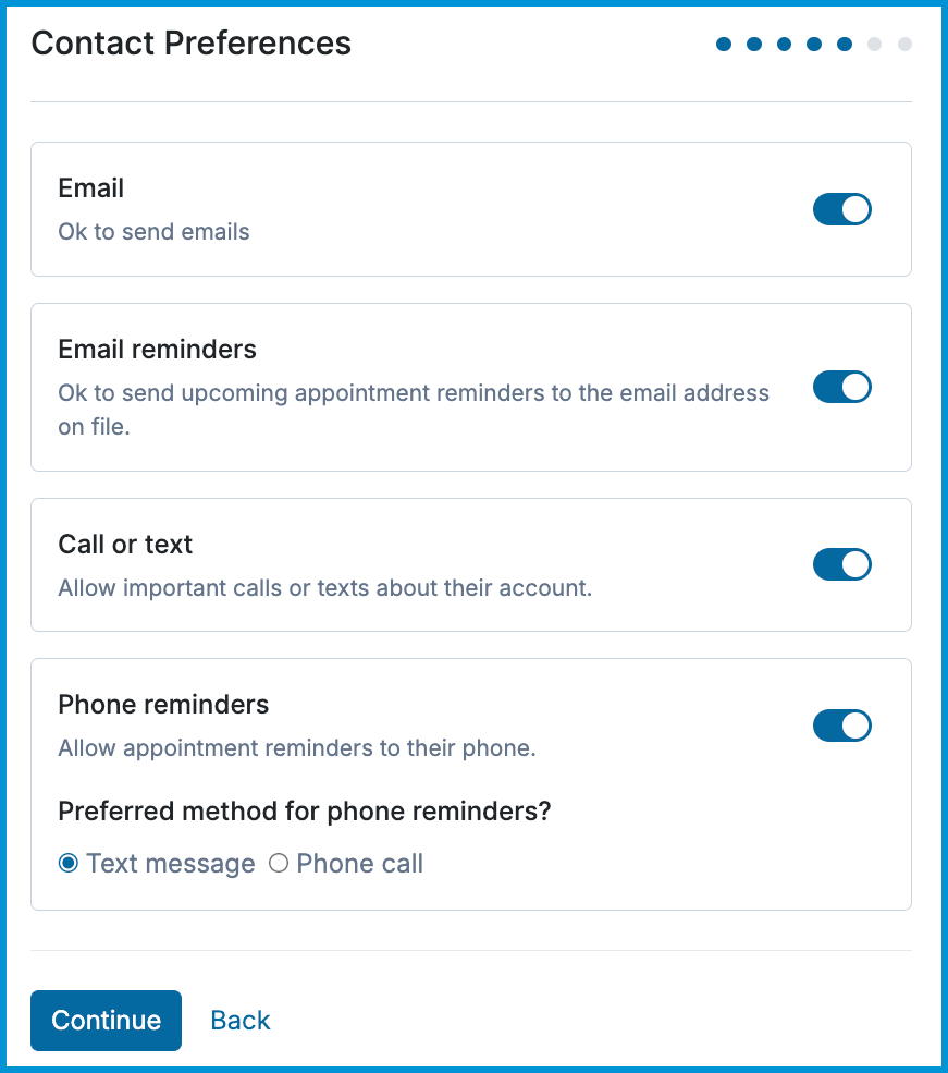 Contact Preferences setup screen displaying communication and reminder toggles.