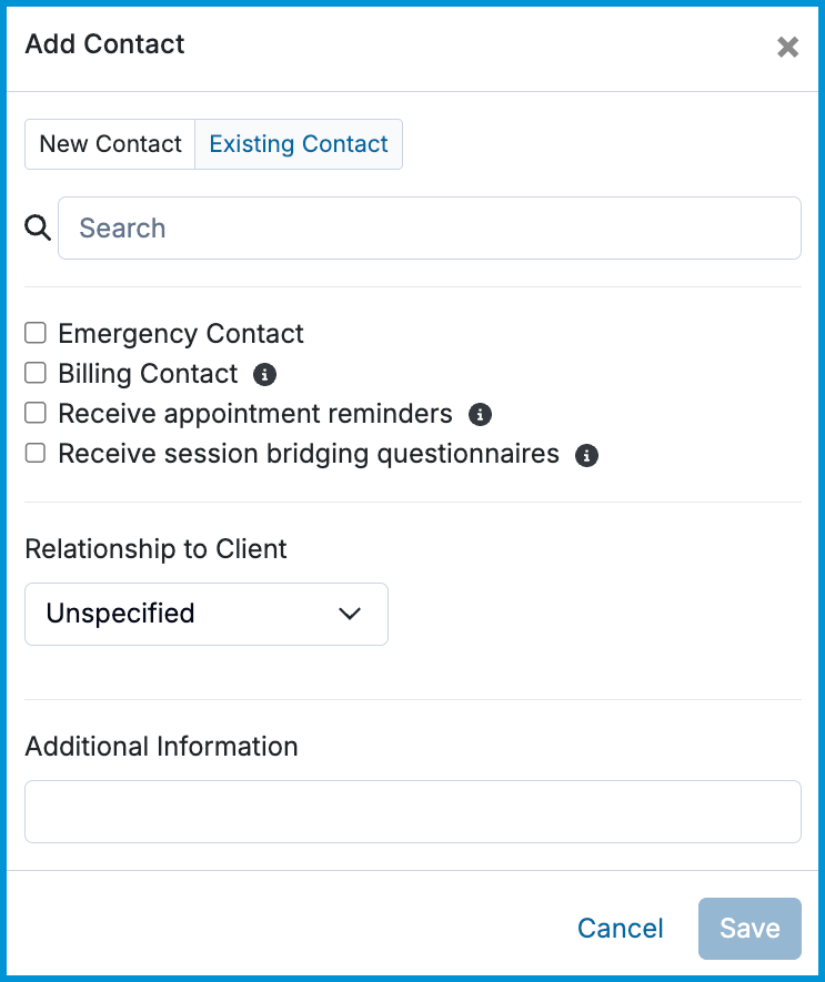 Add Contact modal displaying options for existing contacts, contact roles, and relationship to client.