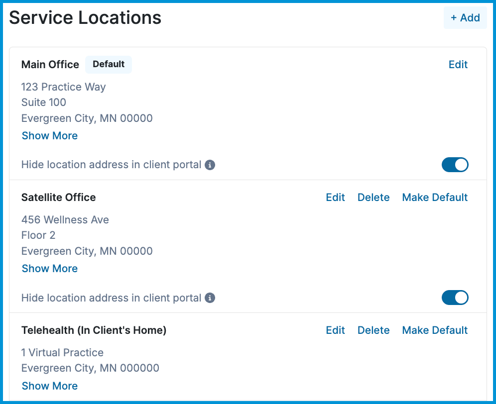 Service Locations section in Sessions Health displaying Main Office, Satellite Office, and Telehealth locations with options to edit, delete, set defaults, or hide addresses in the client portal.