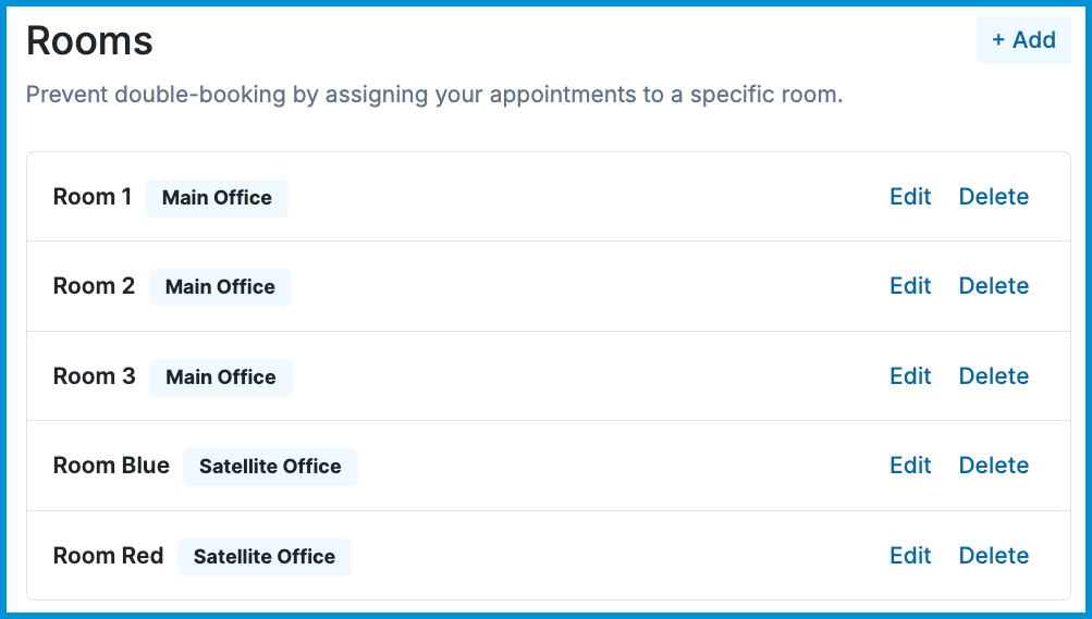 Rooms management section in Sessions Health showing a list of practice rooms assigned to locations, with options to add, edit, or delete rooms.