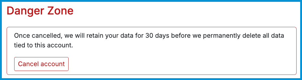 Danger Zone section in Sessions Health showing the Cancel account button and 30-day data retention message.