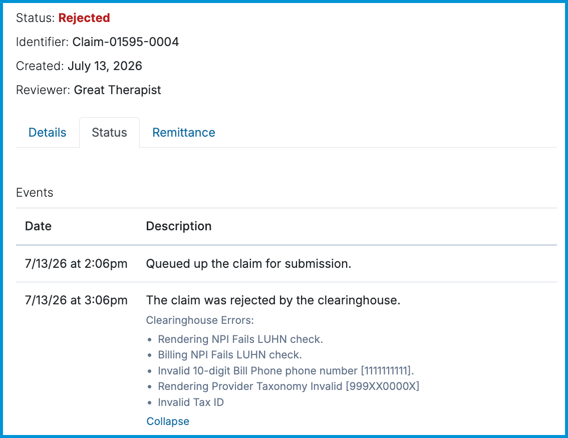 Claim Status tab displaying a Rejected status along with clearinghouse rejection errors in the Events timeline.