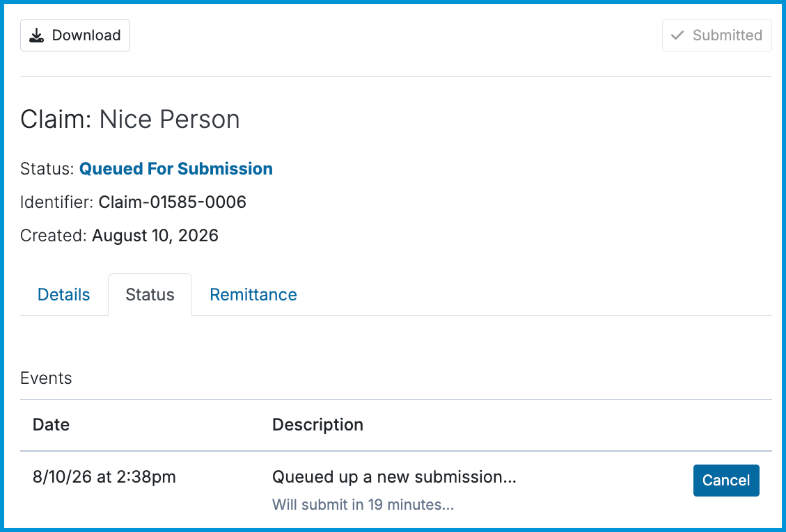 Claim Status tab displaying a Queued For Submission status and event log.