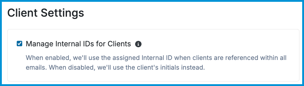 Client Settings screen in Sessions Health with the Manage Internal IDs for Clients checkbox turned on.