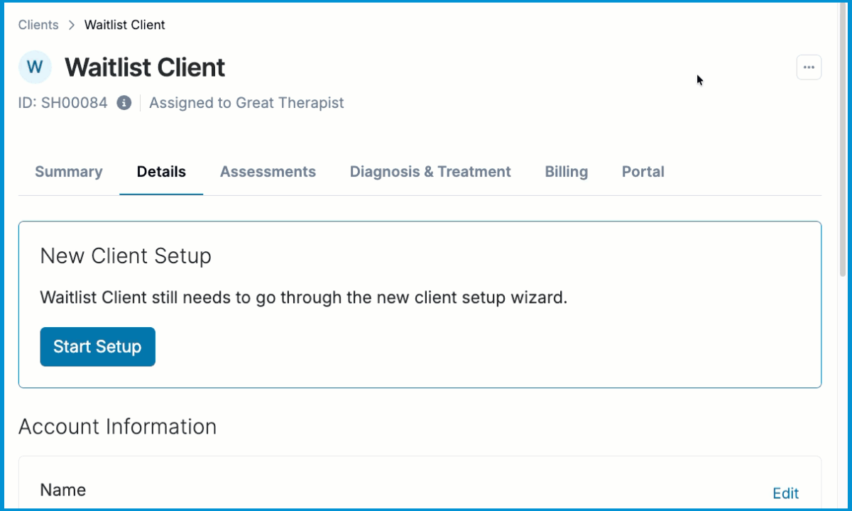 Animated GIF showing how to edit a client's Internal ID from their chart in Sessions Health.