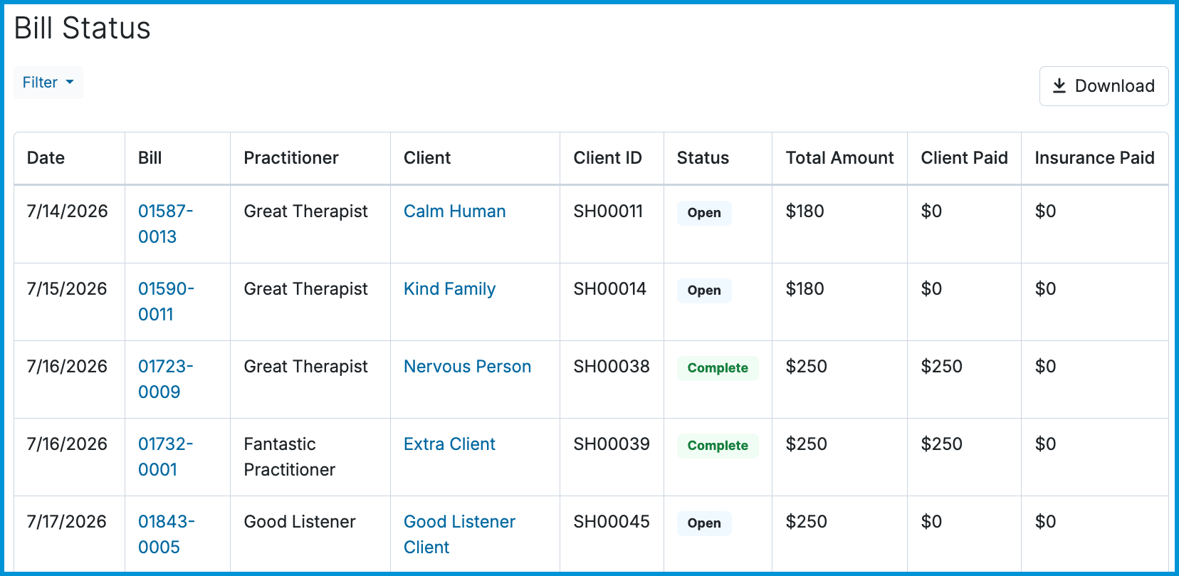 Screenshot of the Bill Status report table displaying bill dates, Client IDs, bill status, and payment amounts.