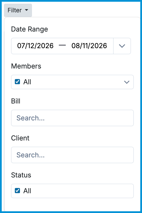 Filter dropdown menu for the Bill Status report with Date Range, Members, Bill, Client, and Status filter fields.