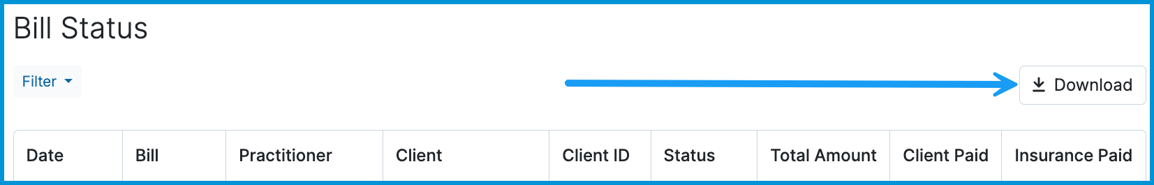 Bill Status report header with a blue arrow pointing to the Download button in the upper-right corner.