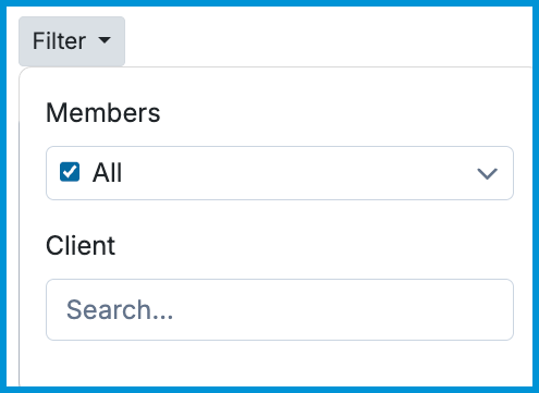 Filter options for the Outstanding Client Balances report showing practitioner and client search fields.