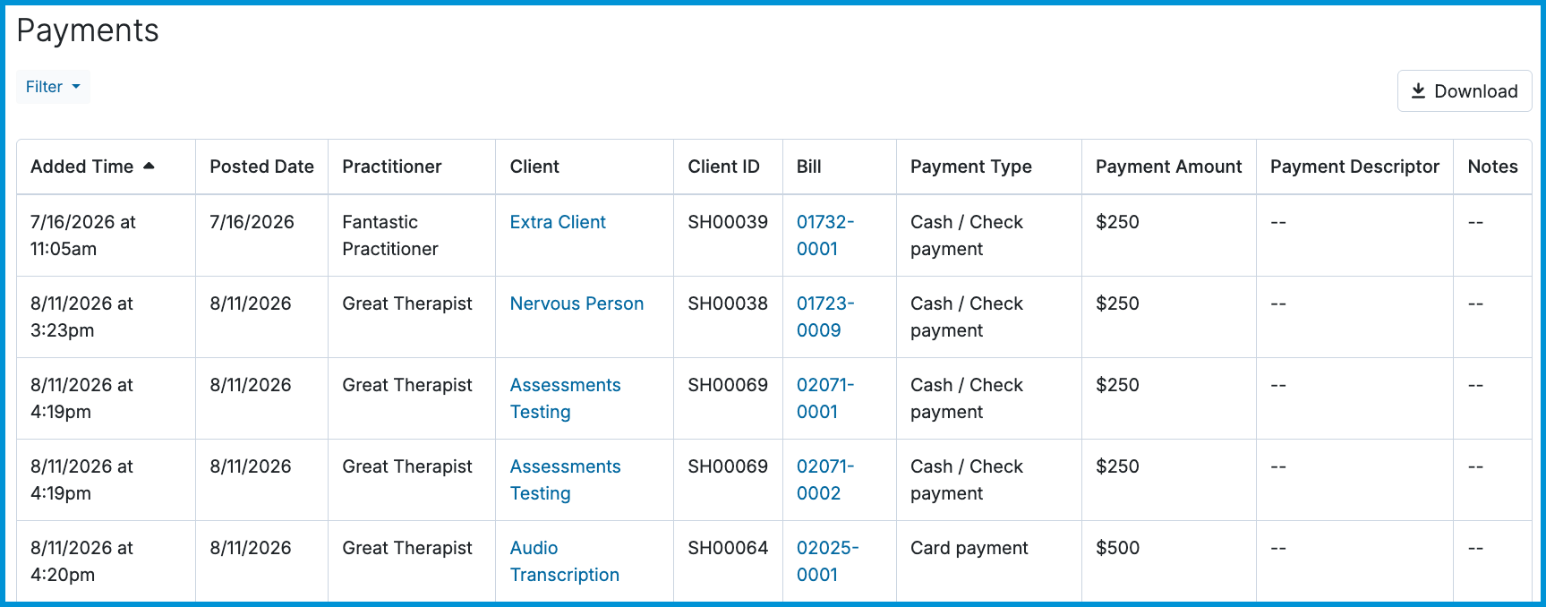 Screenshot of the Payments report table displaying payment timestamps, practitioners, Client IDs, bill IDs, payment types, and payment amounts.