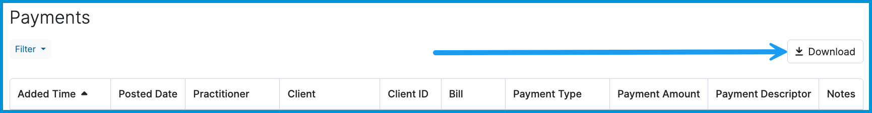 Payments report header with a blue arrow pointing to the Download button in the upper-right corner.