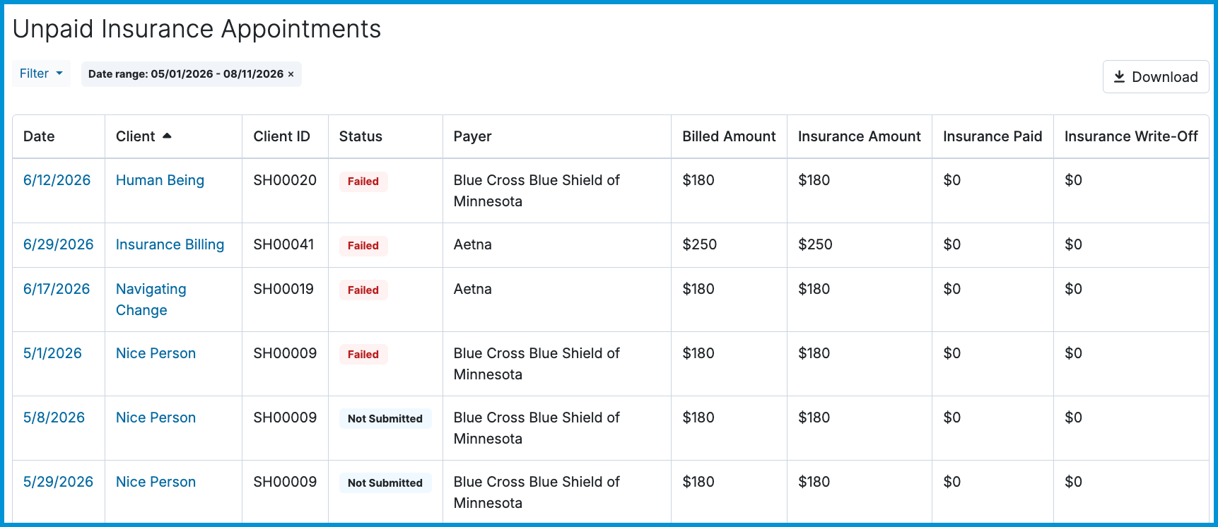 Screenshot of the Unpaid Insurance Appointments report table displaying service dates, Client IDs, claim statuses, payers, and billed/paid amounts.