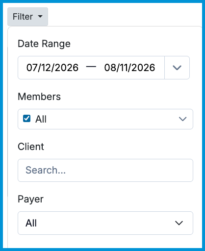 Date range and practitioner filter options for the Unpaid Insurance Appointments report.