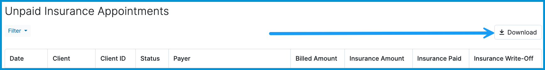 Unpaid Insurance Appointments report header with a blue arrow pointing to the Download button in the upper-right corner.