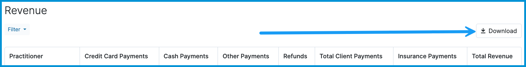 Revenue report header with a blue arrow pointing to the Download button in the upper-right corner.