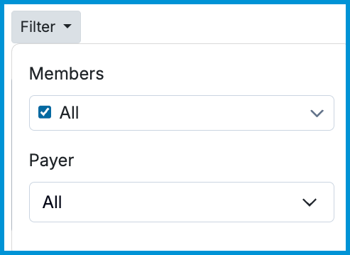 Filter options for the Outstanding Claims report showing Members and Payer dropdown menus.