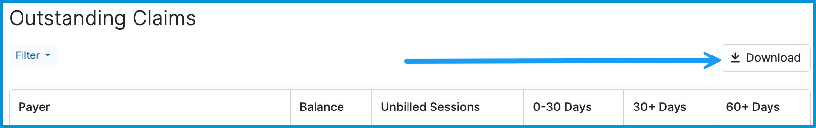 Outstanding Claims report header with a blue arrow pointing to the Download button in the upper-right corner.