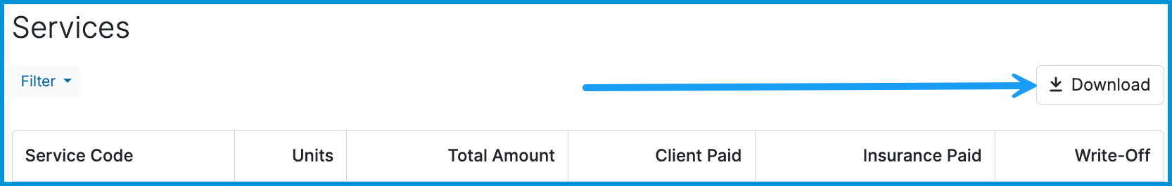 Services report header with a blue arrow pointing to the Download button in the upper-right corner.