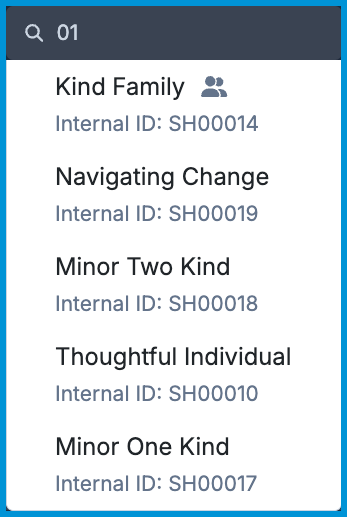 Global Search bar displaying search results for the search term