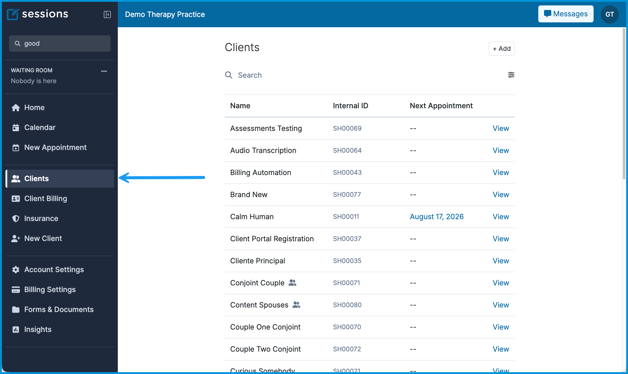 The Sessions Health Clients page, with an arrow pointing to the Clients option in the left sidebar navigation.
