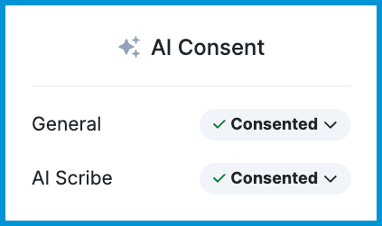 The AI Consent card on a client chart showing Consented status for General and AI Scribe.