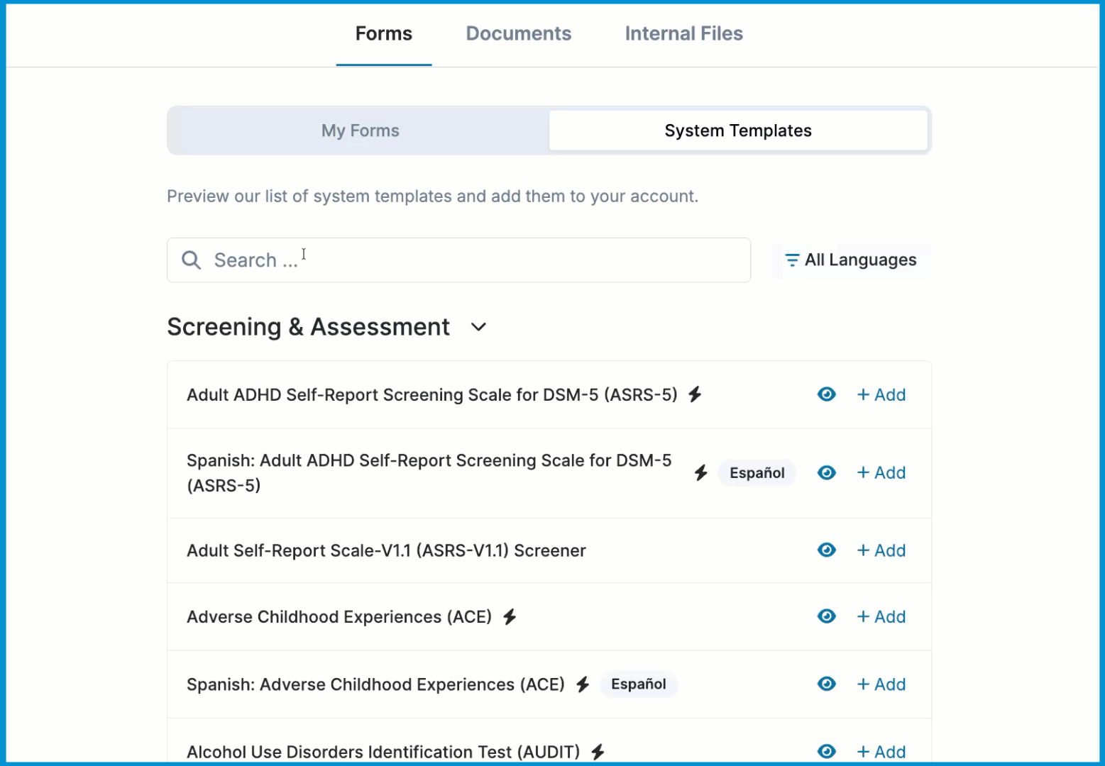 Animation showing how to add the Client Consent for AI Documentation form from System Templates and turn on automatic intake settings in My Forms.