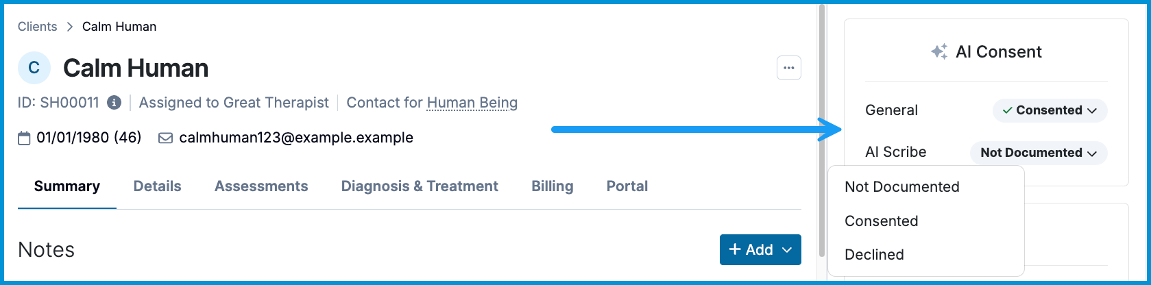 The AI Consent card on the right side of a client chart showing the status dropdown options.