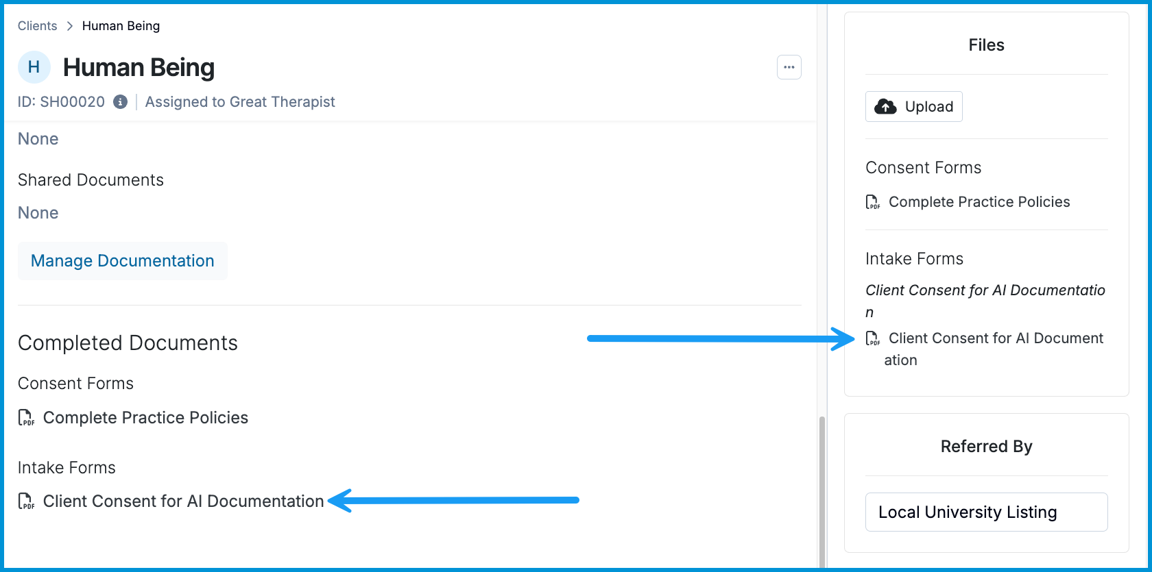 Screenshot showing arrows pointing to the completed AI consent document on the Portal tab and in the right-hand side panel.
