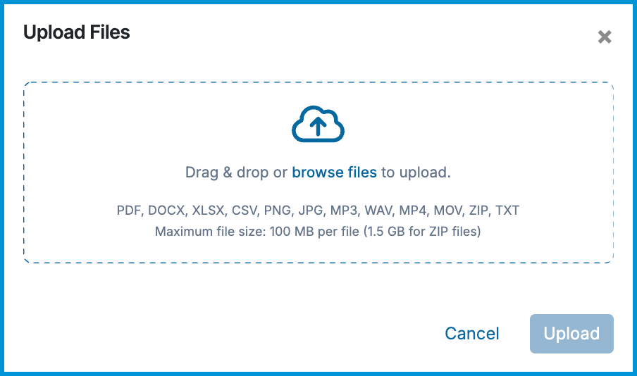 Upload Files modal displaying the drag-and-drop upload zone, supported file formats, and file size limits.
