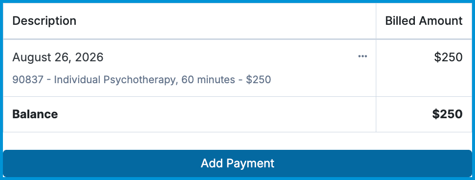 A bill summary card displaying session details, total balance, and a blue Add Payment button.