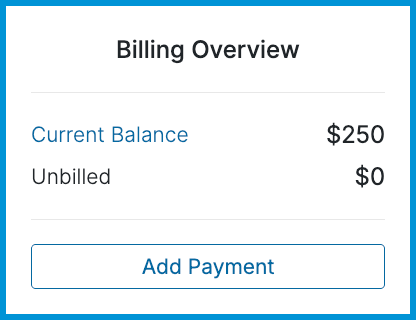 The Billing Overview sidebar panel on a client chart displaying Current Balance, Unbilled amount, and an Add Payment button.