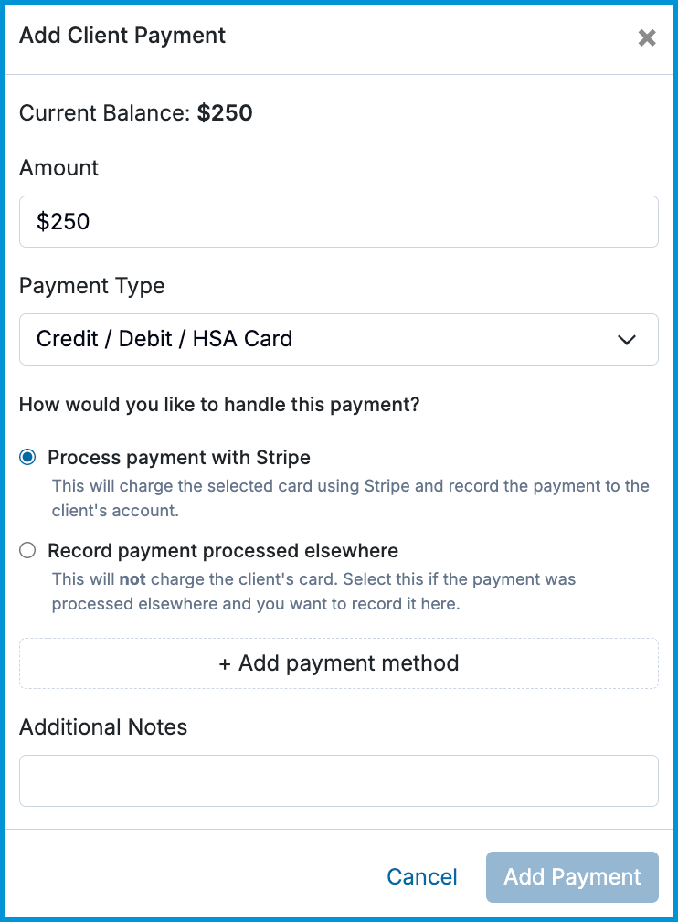 The Add Client Payment pop-up window showing fields for payment amount, payment type selection, Stripe processing options, and the Add Payment button.
