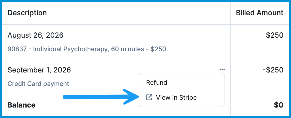 A payment line item on a bill showing an expanded three-dot menu with a blue arrow pointing to the View in Stripe option.
