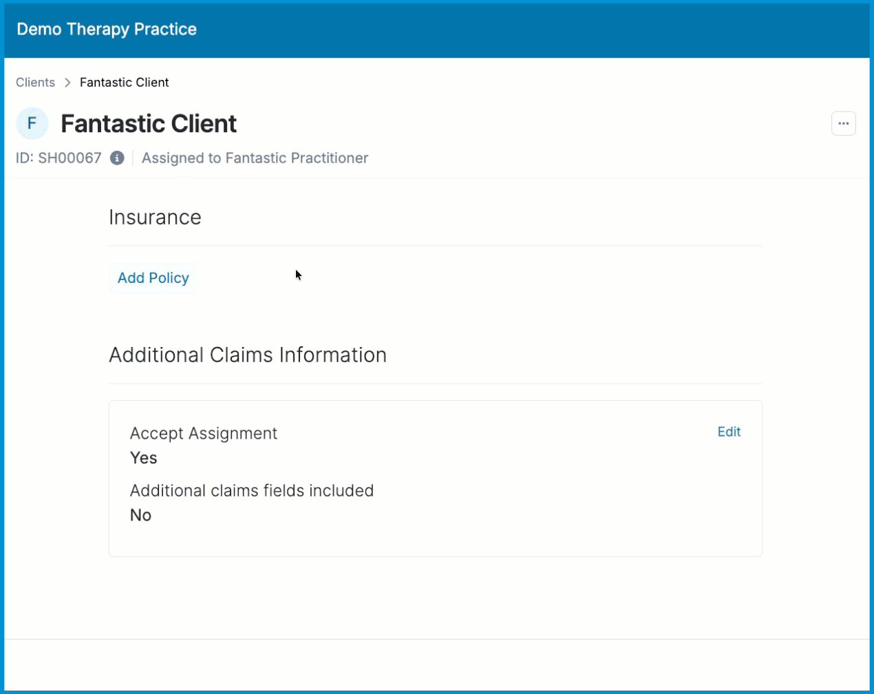 Animated GIF demonstrating how to click Add Policy in a client chart and select + Add Payer from the dropdown menu.