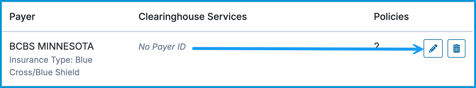 Payers table showing an insurance payer entry marked with No Payer ID, with a blue arrow pointing to the pencil edit icon.