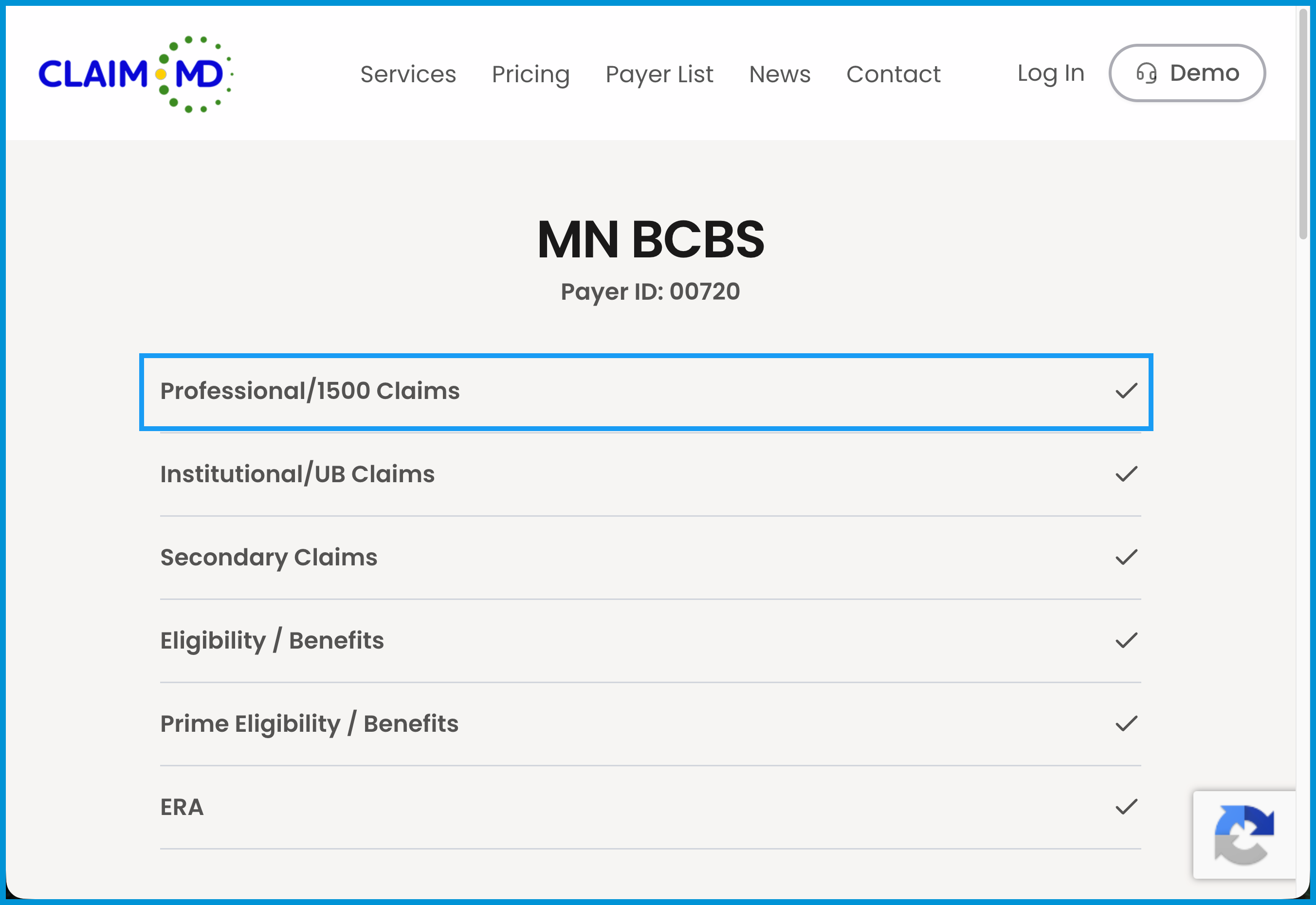 Claim.MD payer details page with a blue box highlighting the checkmark next to Professional/1500 Claims.