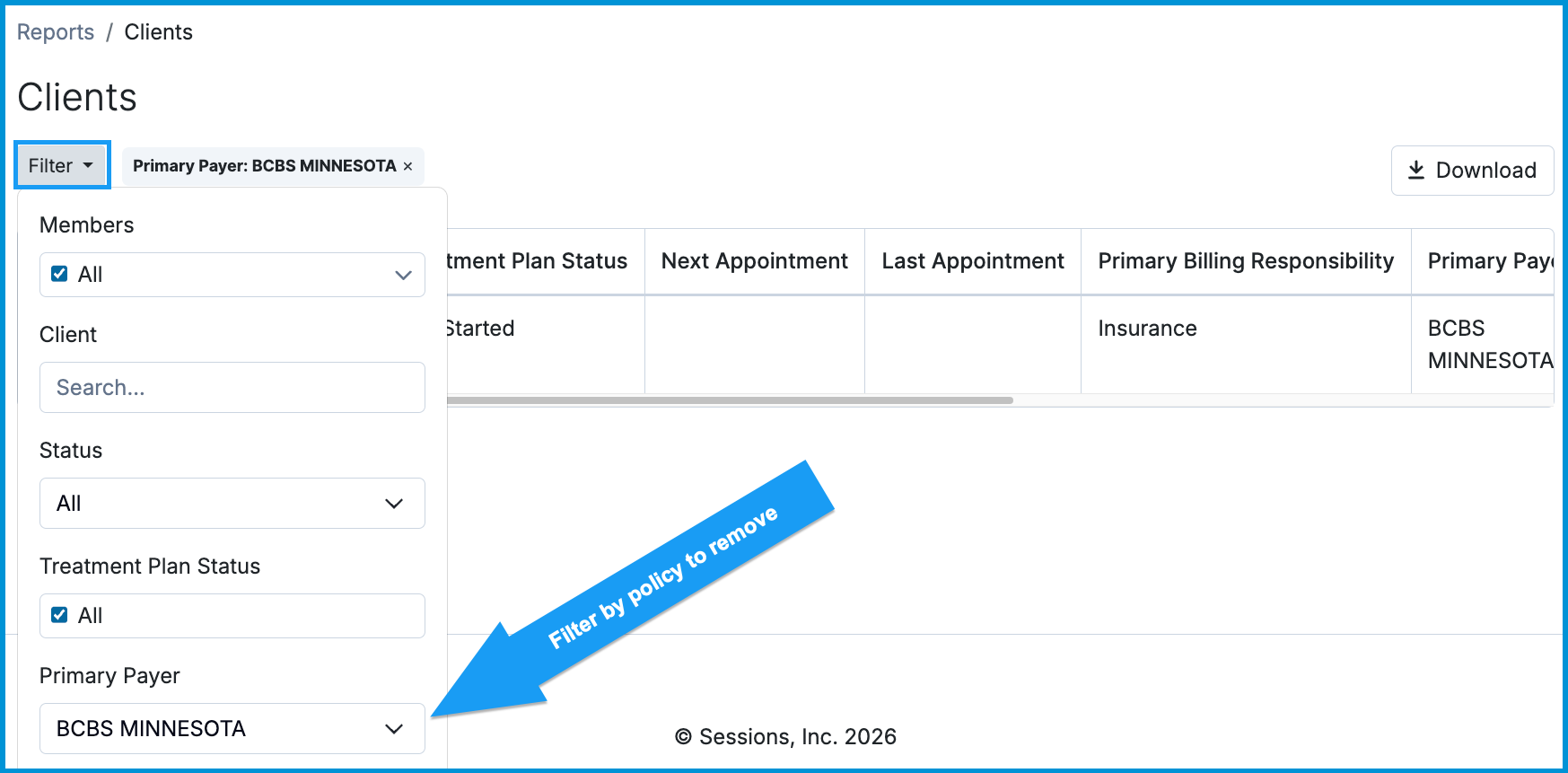 Clients report page with the Filter dropdown open, featuring a blue arrow pointing to the Primary Payer field labeled 'Filter by policy to remove'.